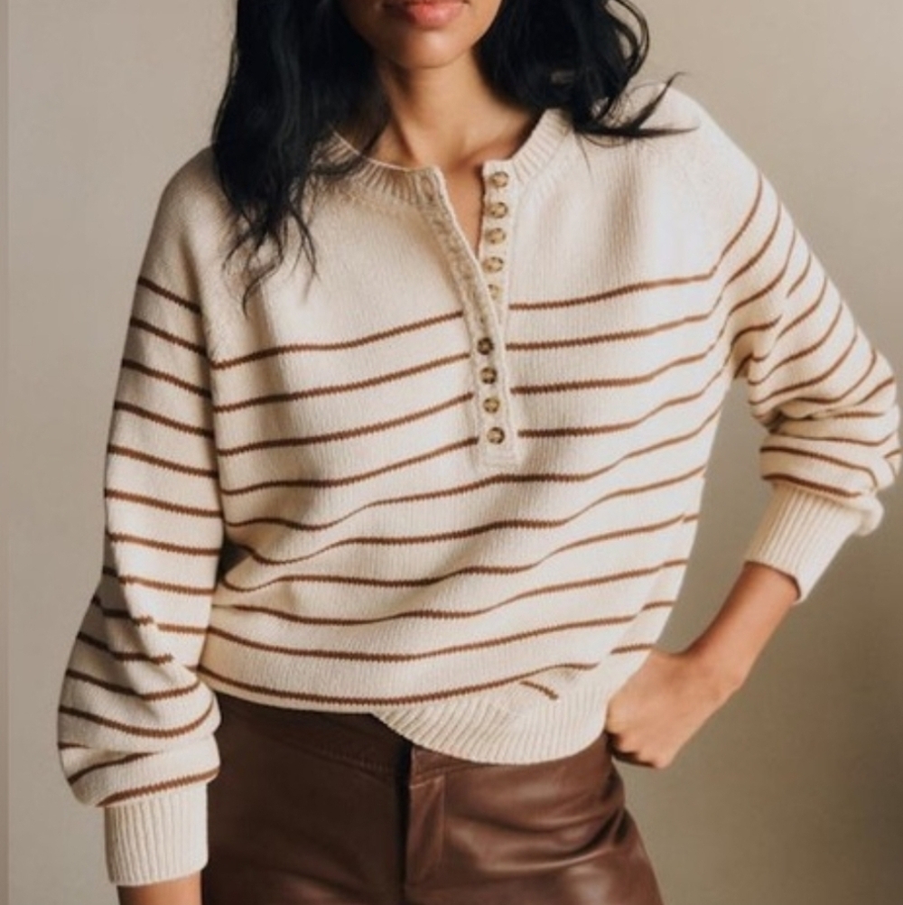 Sezane 100% Cotton Leotine Sweater In Ecru And Camel Size M